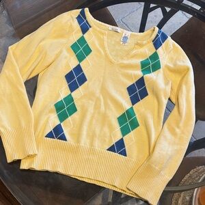 liz & co. Yellow V-Neck Argyle Sweater with Blue and Green Accents